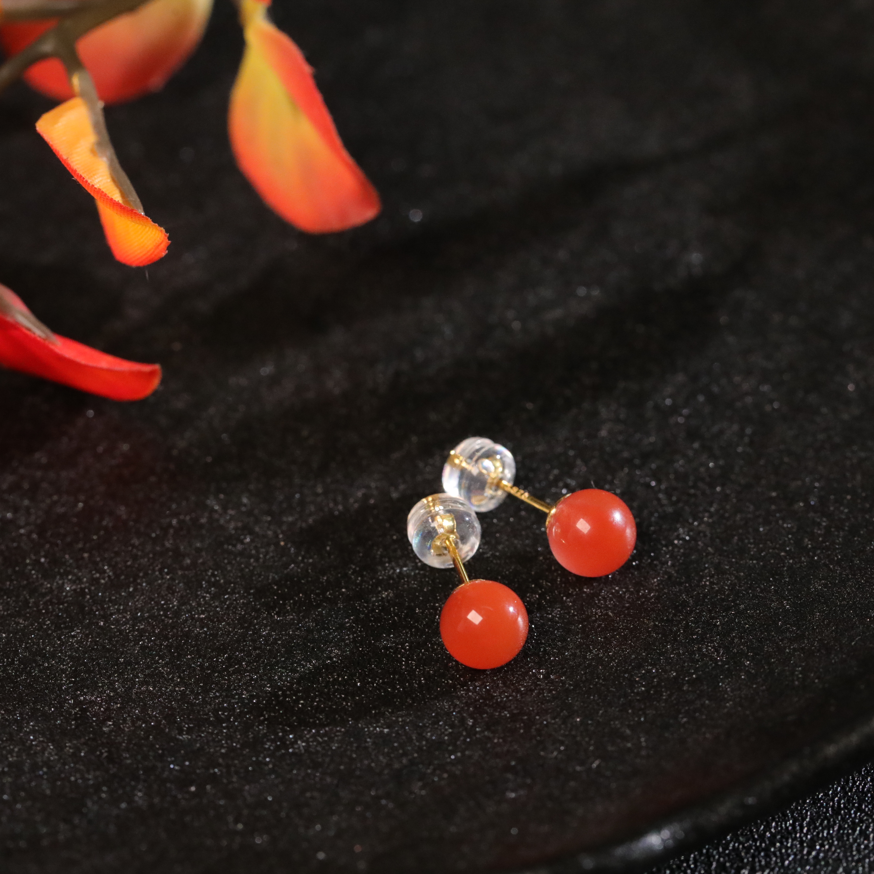 【姻红】天然玛瑙耳钉镶S925银镀金甜美优雅复古宫廷日常款