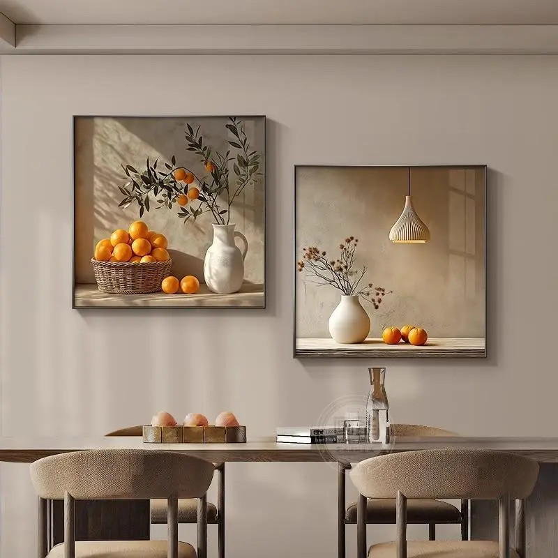 侘寂风柿柿如意餐厅装饰画新中式饭厅餐桌背景墙挂画客厅沙发壁画
