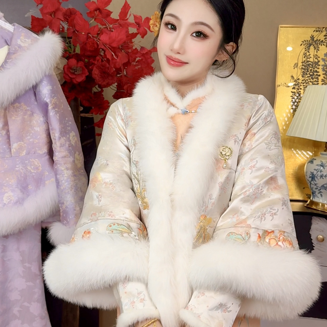【媛珠 金鱼宝莲】重工贵气国风刺绣狐狸毛鹅绒服外套上衣保暖秋冬