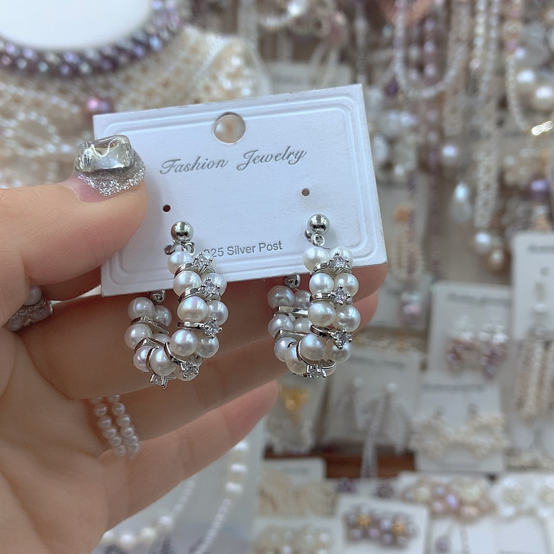 耳饰银S925镶嵌淡水珍珠
