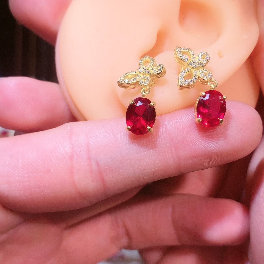 红宝石耳饰银S925镶嵌