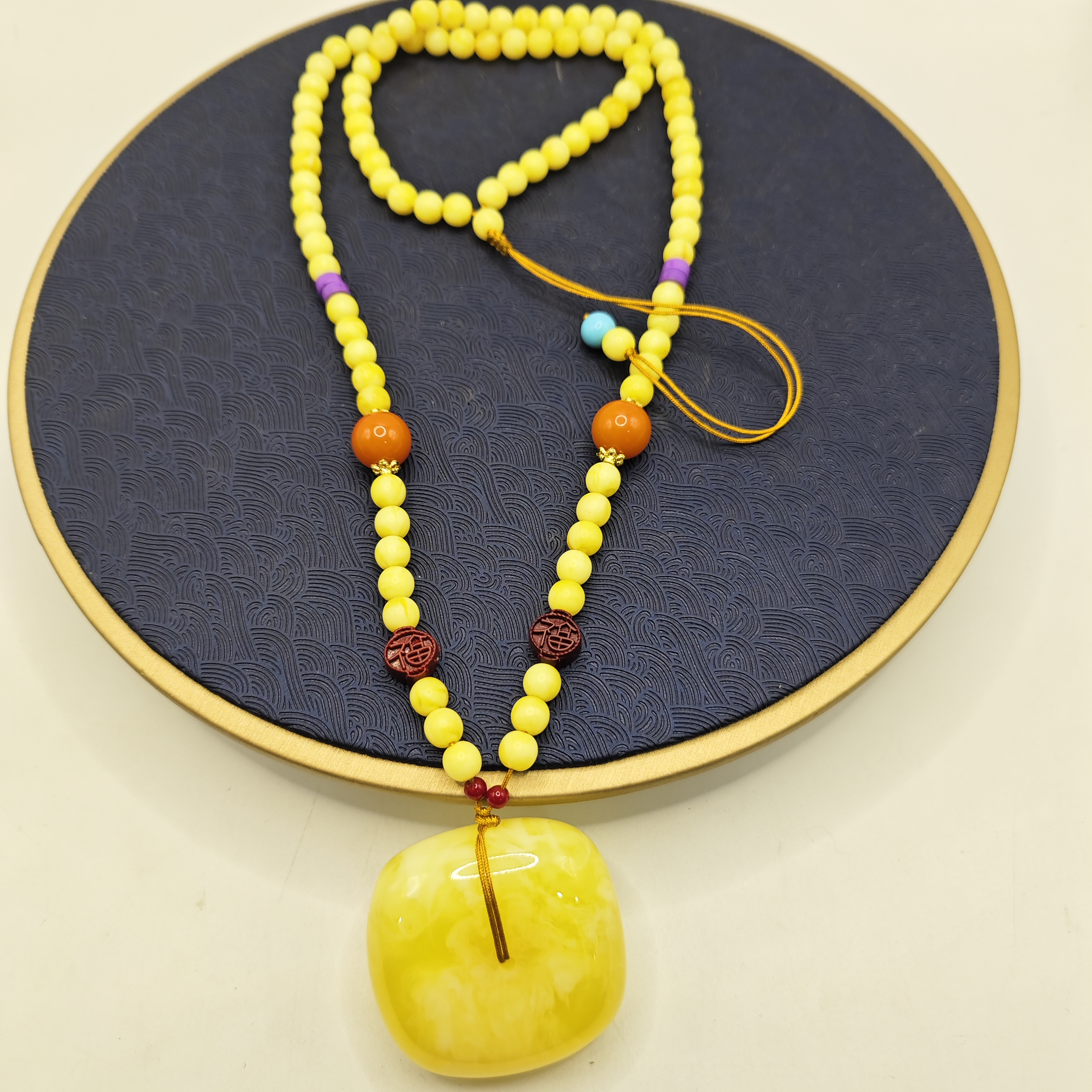 鸡油黄方糖蜜蜡项链793