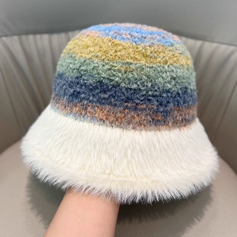 大头奶油甜妹风短檐秋冬渔夫帽女帽子保暖条纹百搭水桶帽