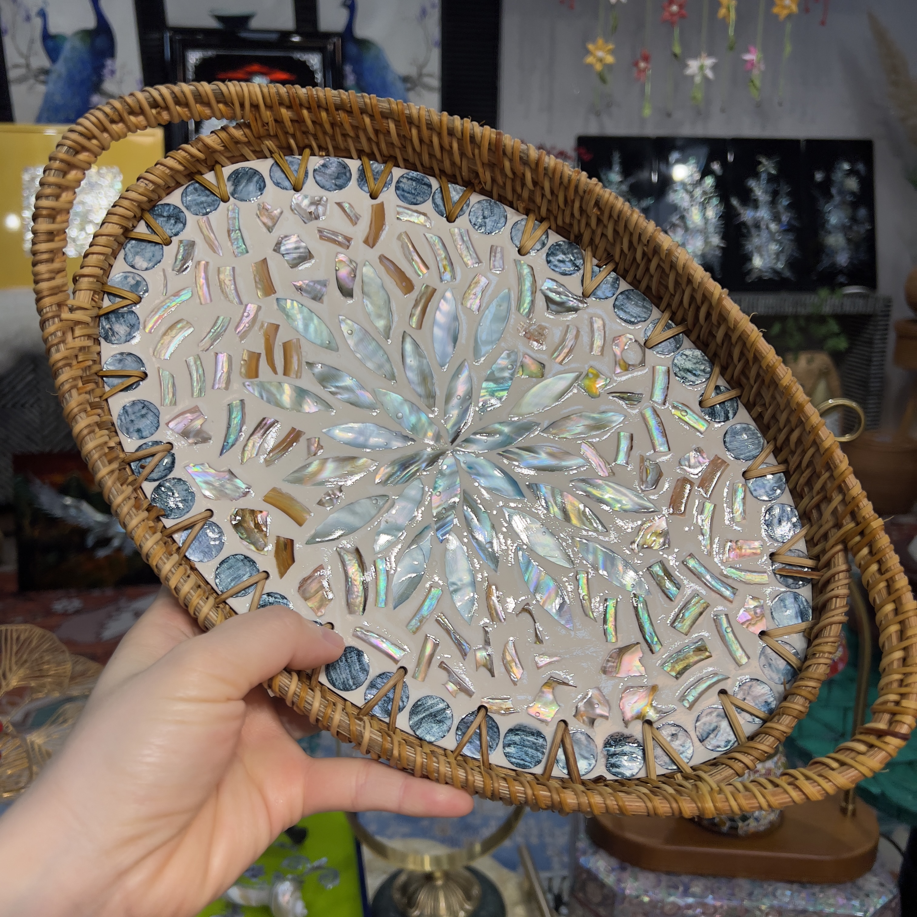 KA-【星空猫耳】越南藤编提耳椭圆盘水果盘30*20*3cm