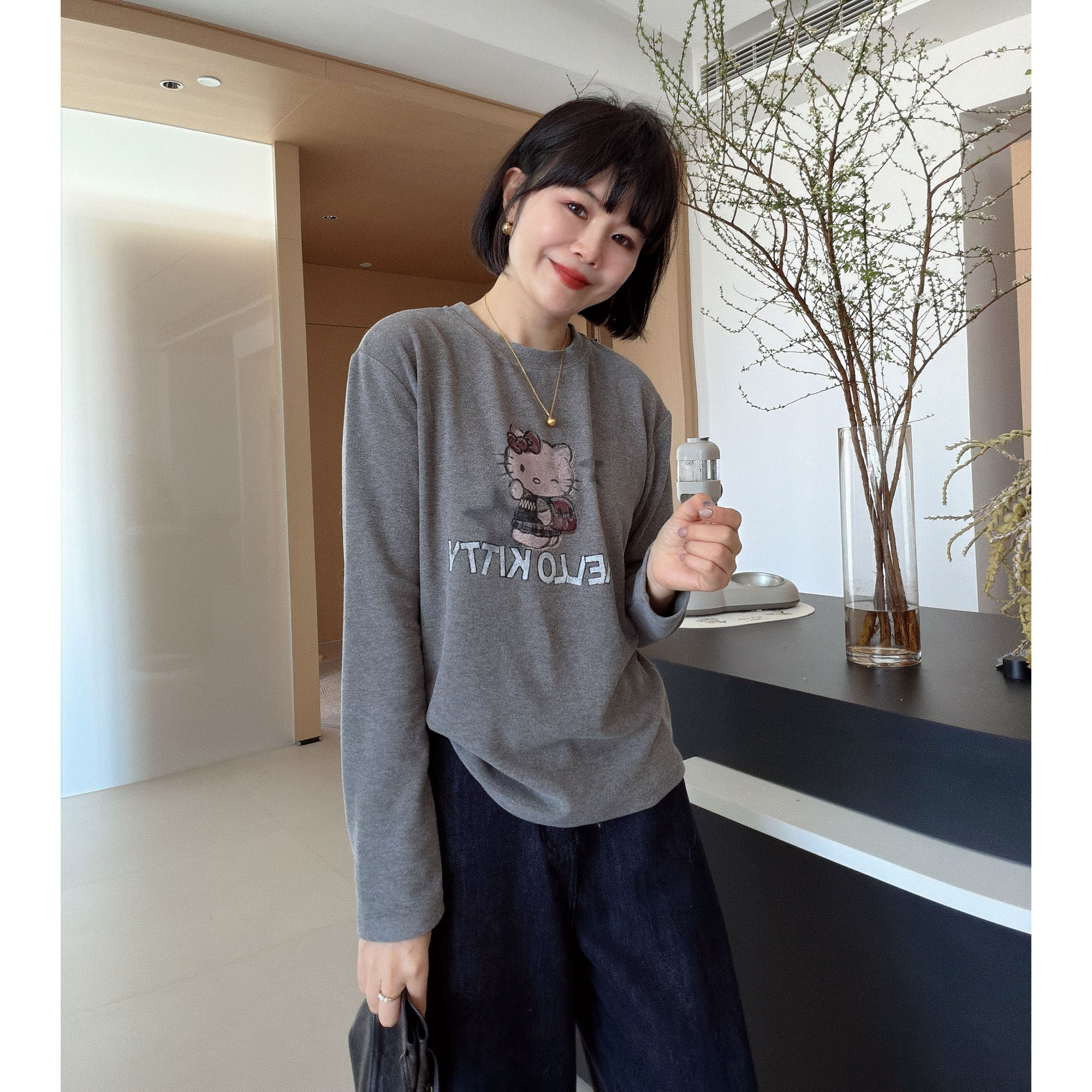 韩系卡通猫时尚磨毛绒长袖T恤打底衫