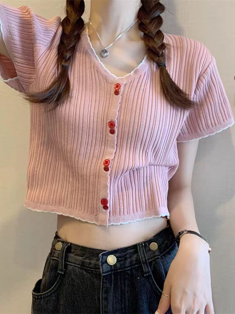 (01-60）针织开衫拼色镂空时尚洋气短袖夏季通勤减龄冰丝t恤上衣女