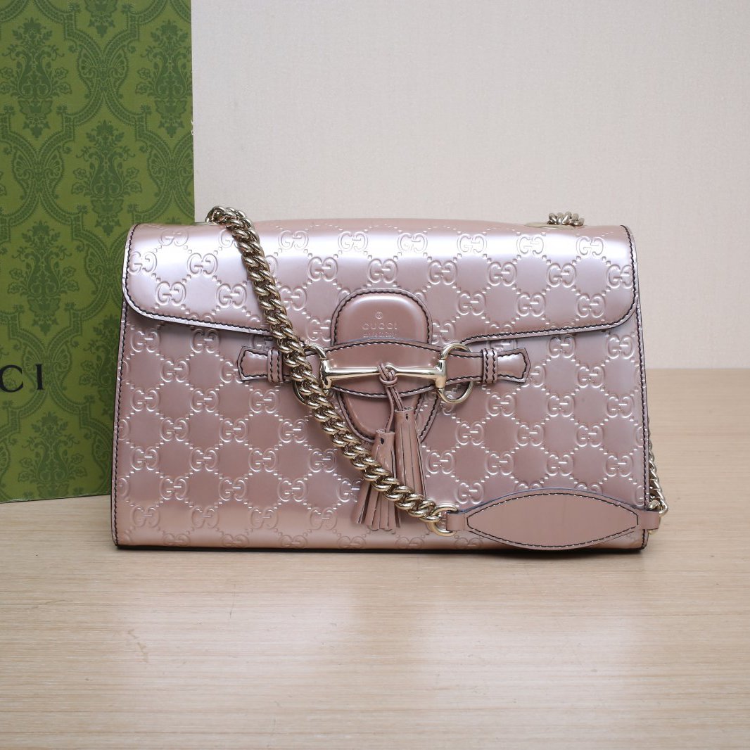 95新 GUCCI/古驰 小花攀攀Emily 马衔扣流苏 中号 29 GG压纹 粉色