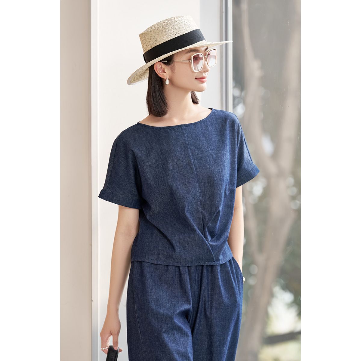 【文君专属】宽松纯色休闲风休闲常规款T恤蓝色 5M25BT5760