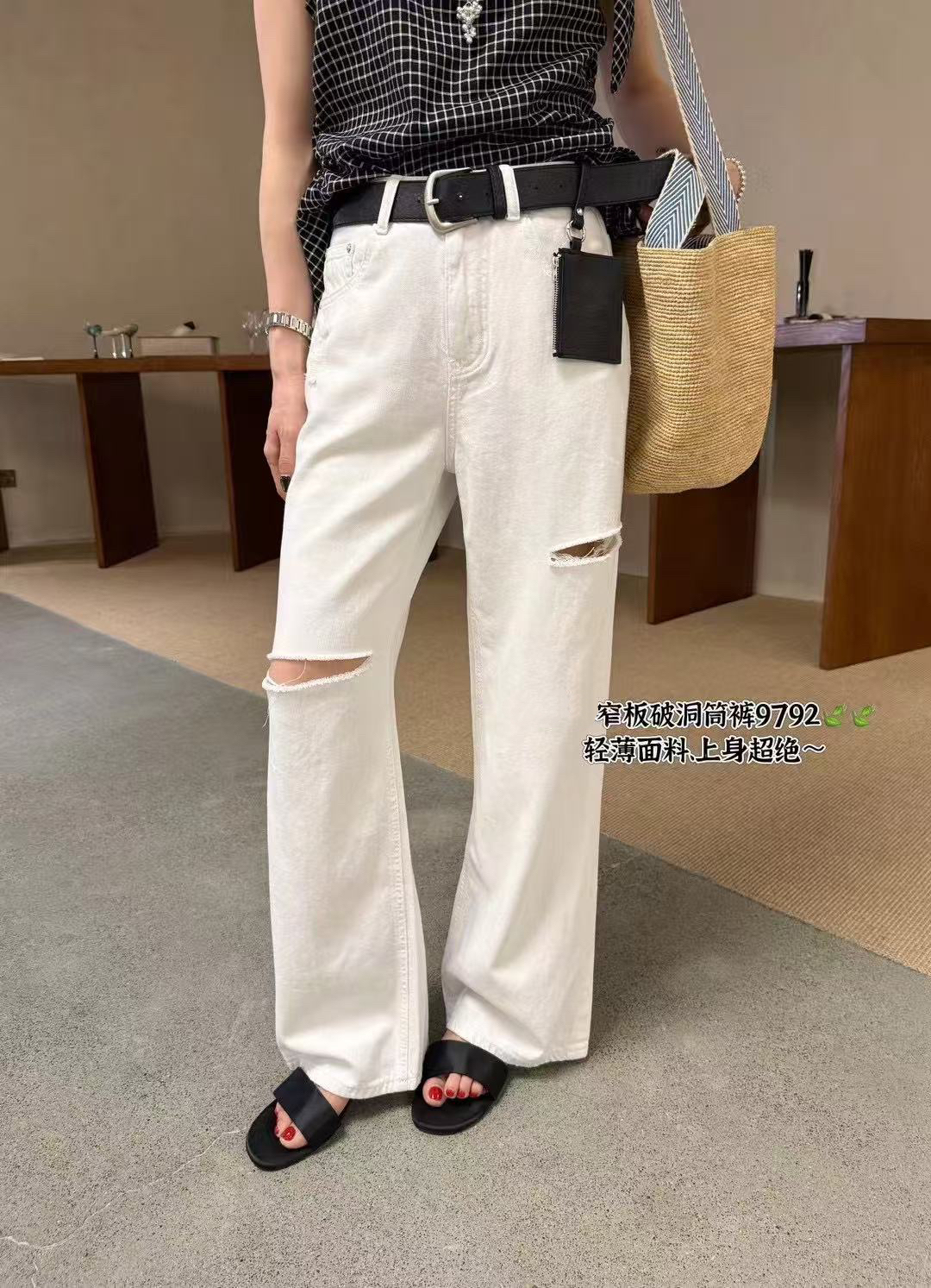 KW【白色破洞】南油欧货小众设计感破洞窄版直筒牛仔裤夏季