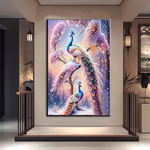 [喜宅家艺]C7七彩孔雀钻石有框轻奢客厅玄关书房装饰画奢华壁画简