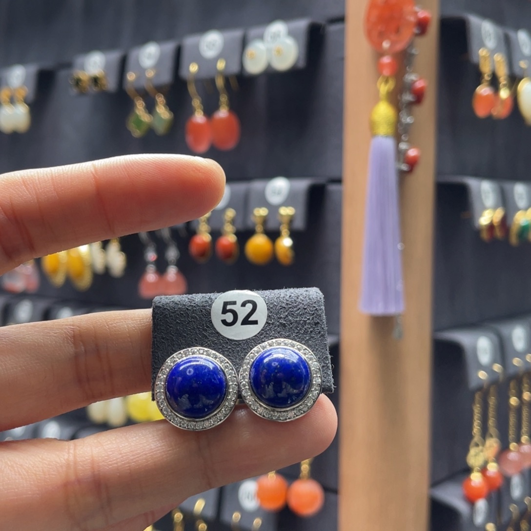 乐***李青金石银S925镶嵌耳饰52号