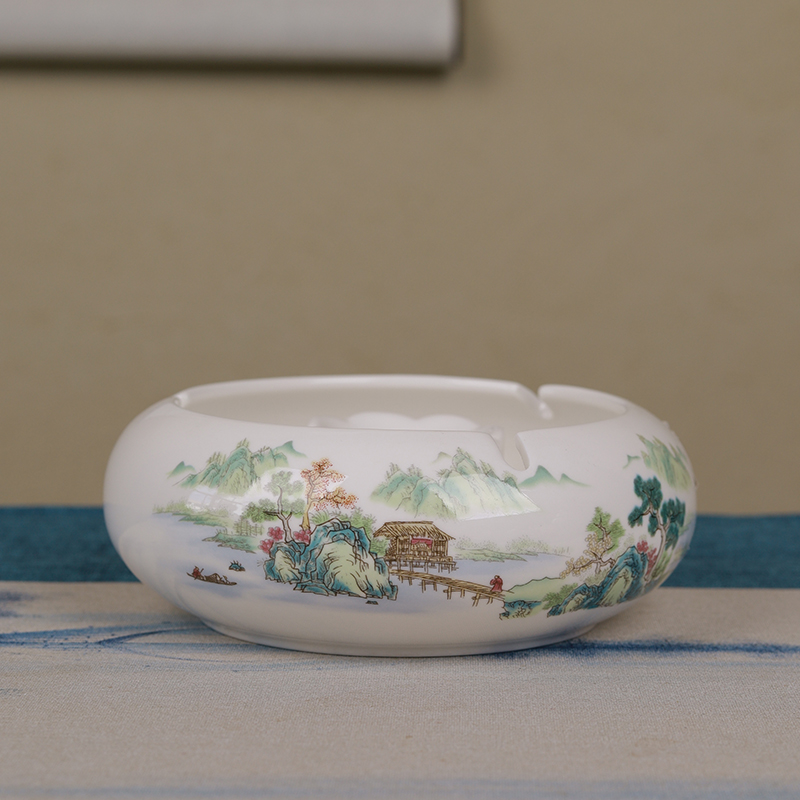 屿器说 羊脂玉瓷游春山水陶瓷烟灰缸-582（直播专享）