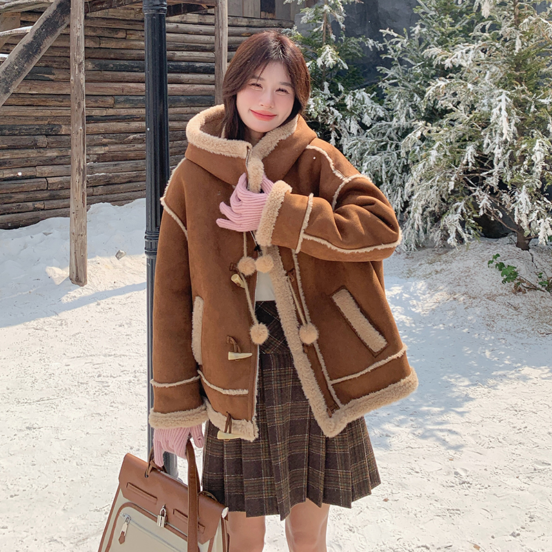 01-25宽松型长袖拉链牛角扣短外套皮毛一体宽松短款【非主图款】