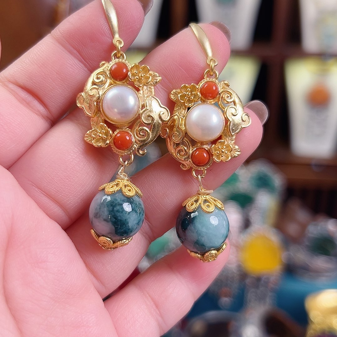 翡翠银S925镶嵌挂件耳环