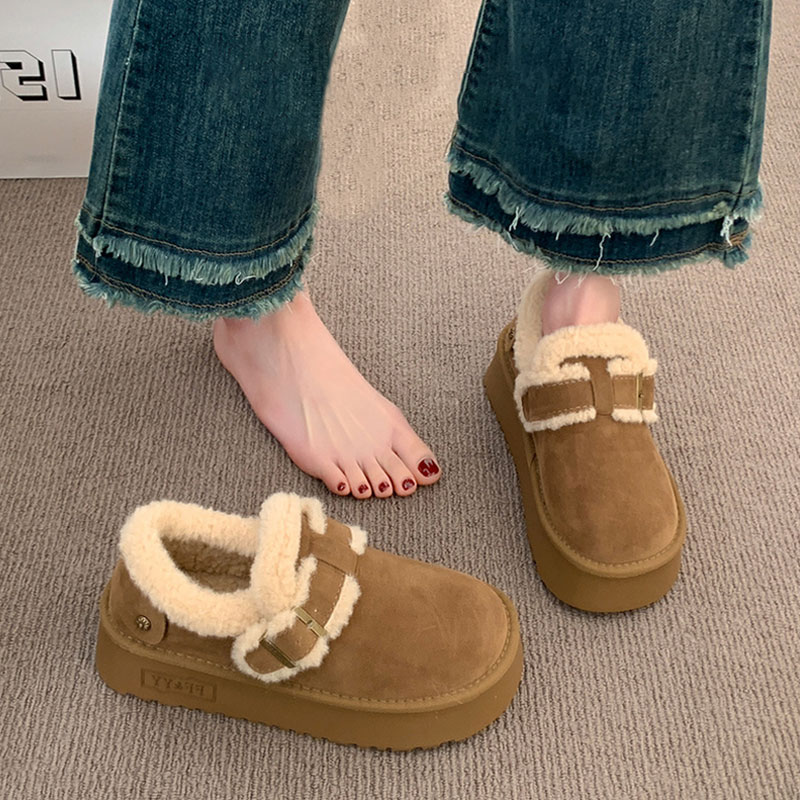 保暖加绒厚底毛毛棉鞋女2025秋冬新款短筒雪地靴百搭一脚蹬勃肯鞋