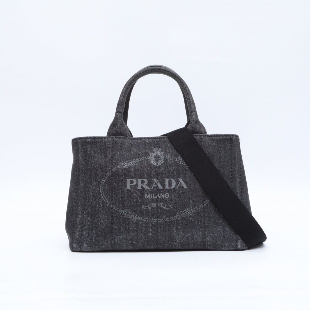 99新 Prada/普拉达 小花攀攀沙滩包 复古印花 小号 黑色 帆布
