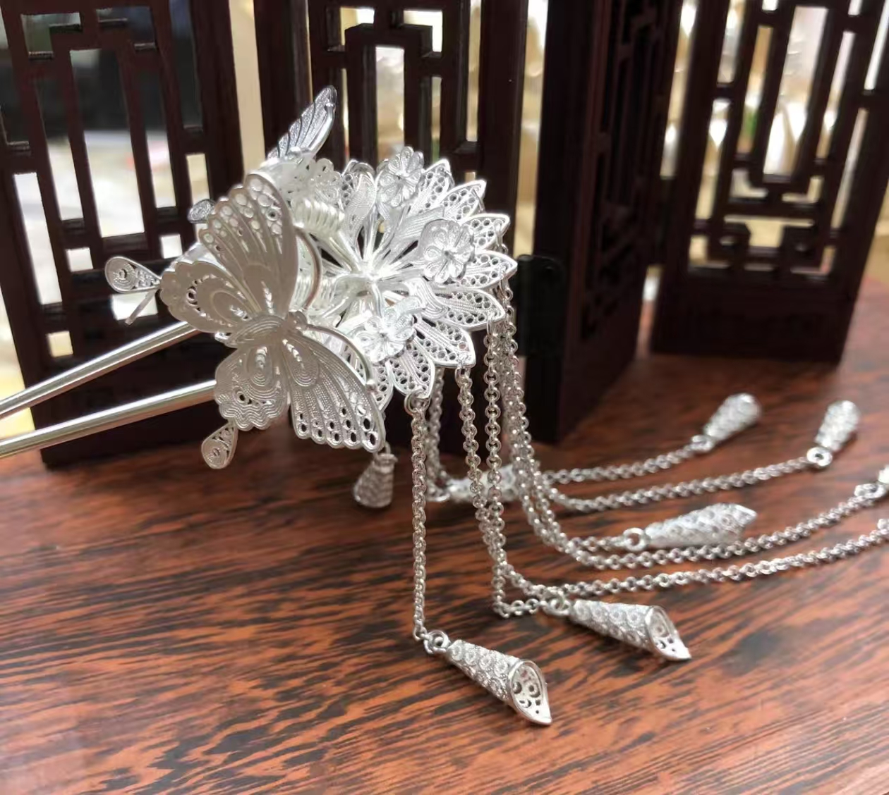 足银银制品 足银拉丝工艺蝴蝶发簪【凤凰金花银号】民族风传承