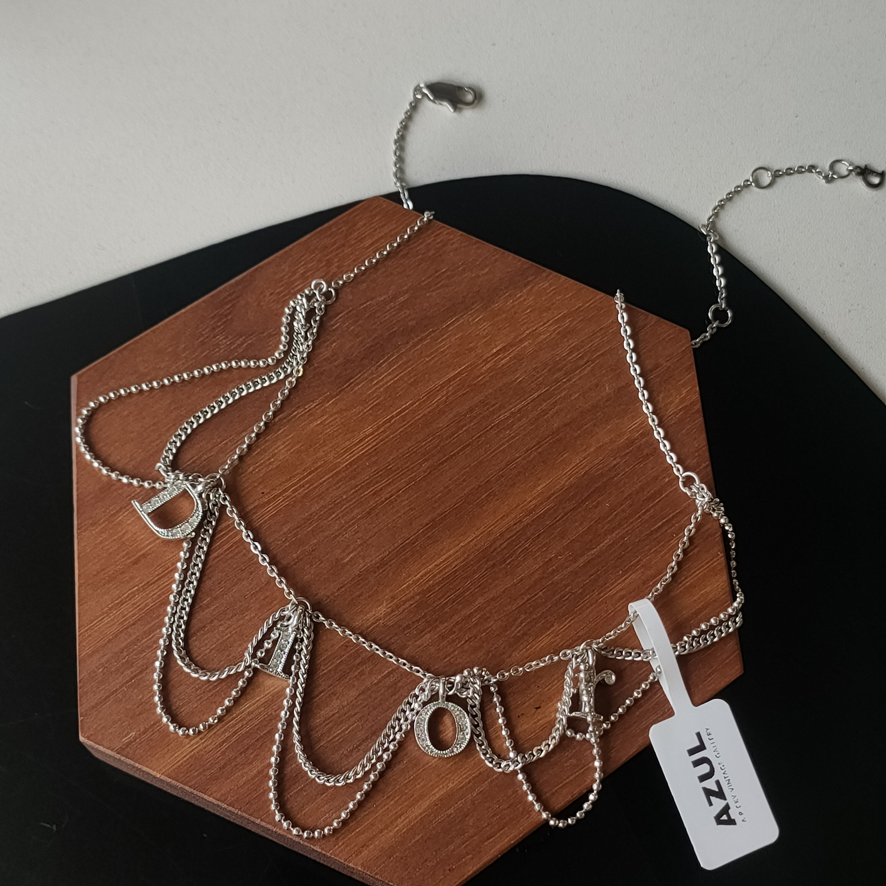 95新 DIOR/迪奥 Azul-银色多链条满钻字母项链/45708