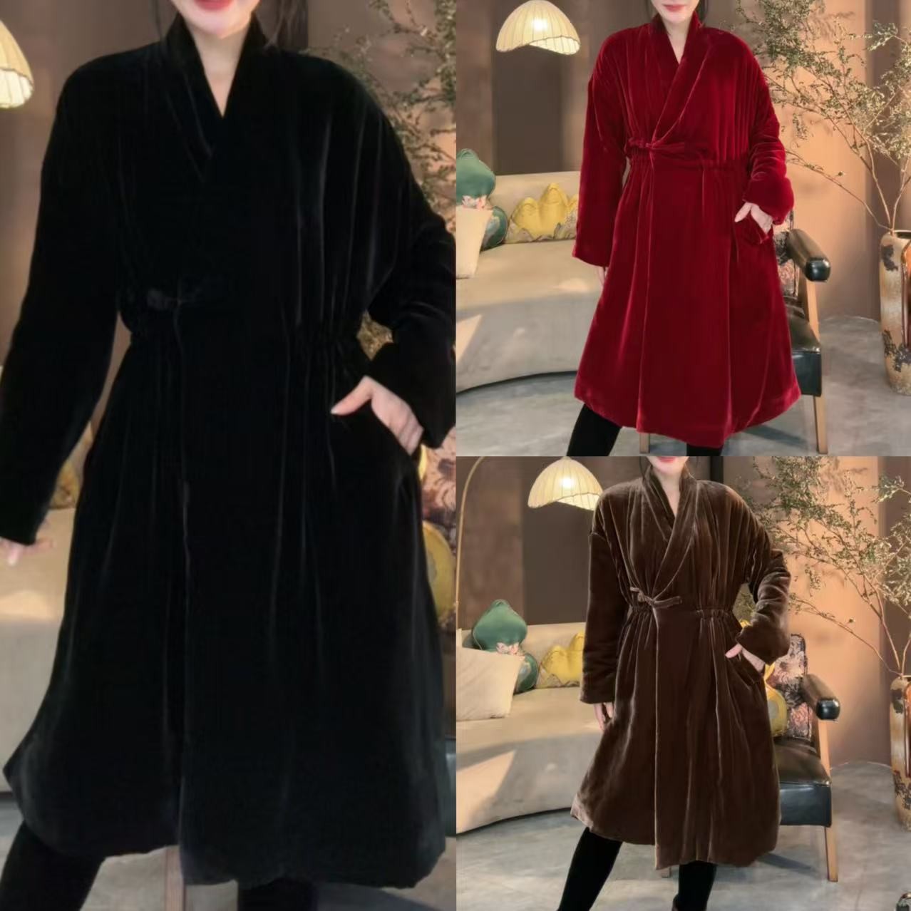 丝绒盘扣侧系抽绳长款棉衣(走秀款)