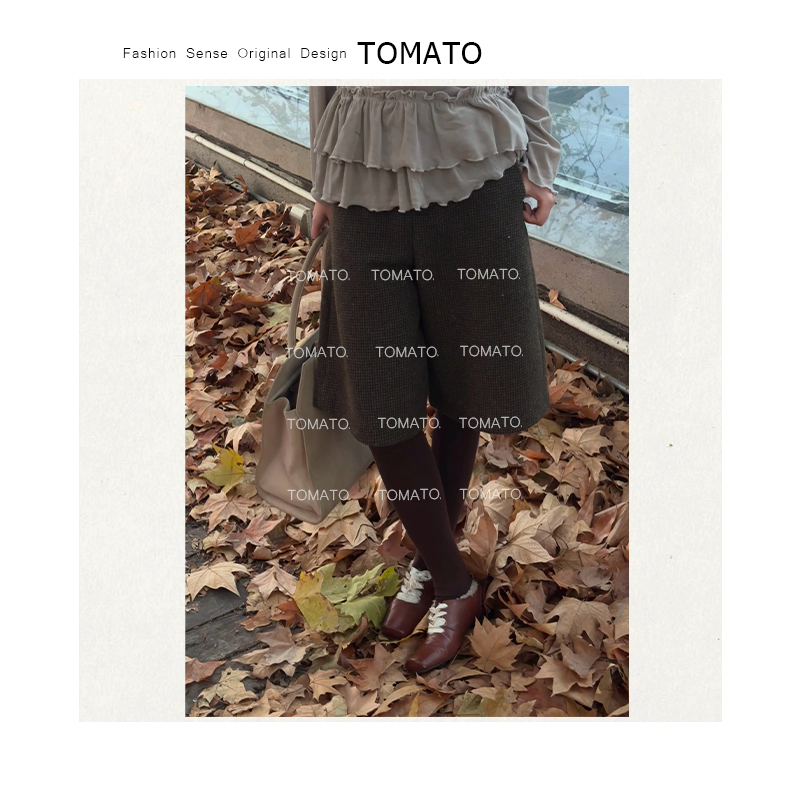 TomaTo-秋冬复古氛围感绵羊毛英伦风格纹显瘦五分裤 D25K66105