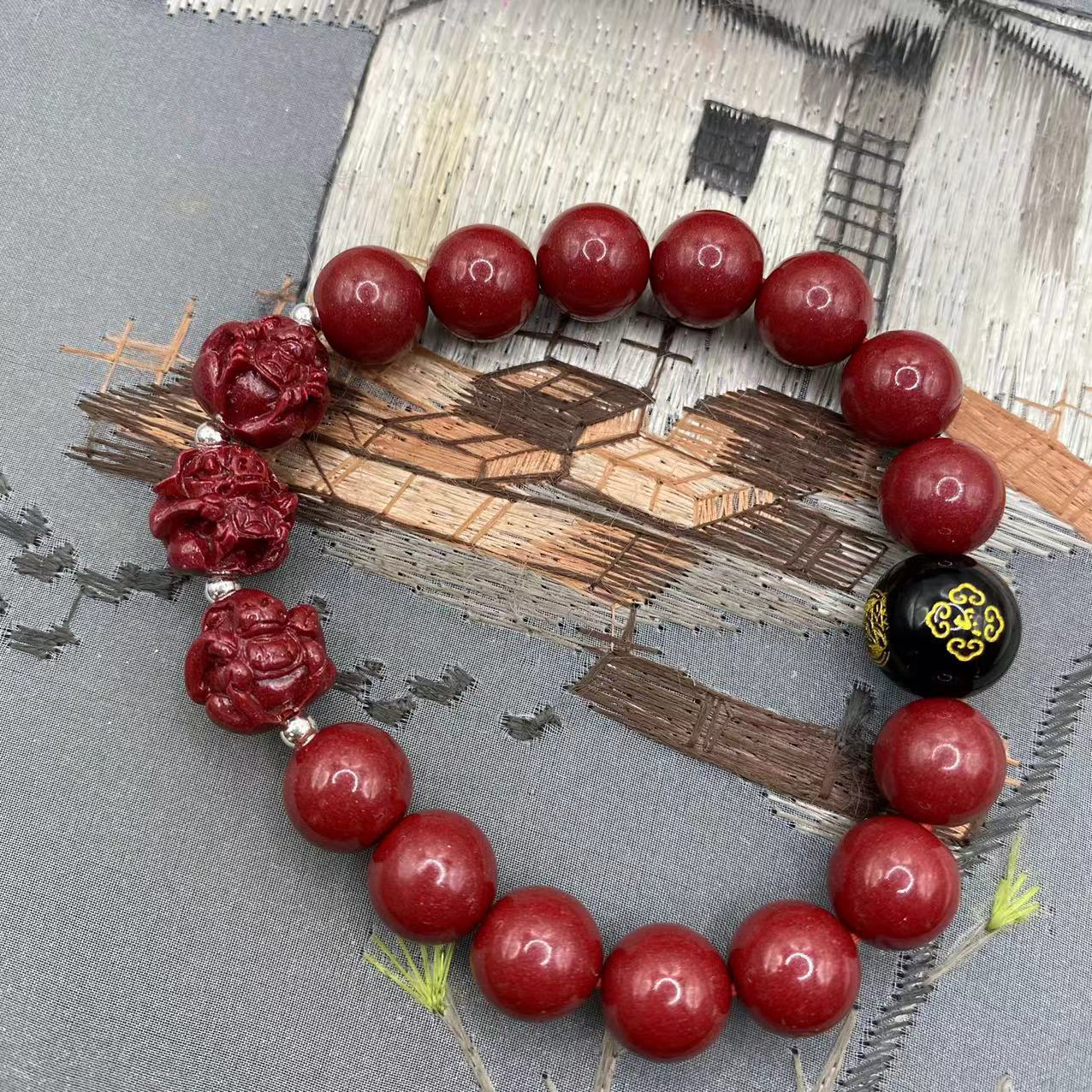 含辰砂工艺品【朱砂工厂】紫金砂设计款三合生肖手串