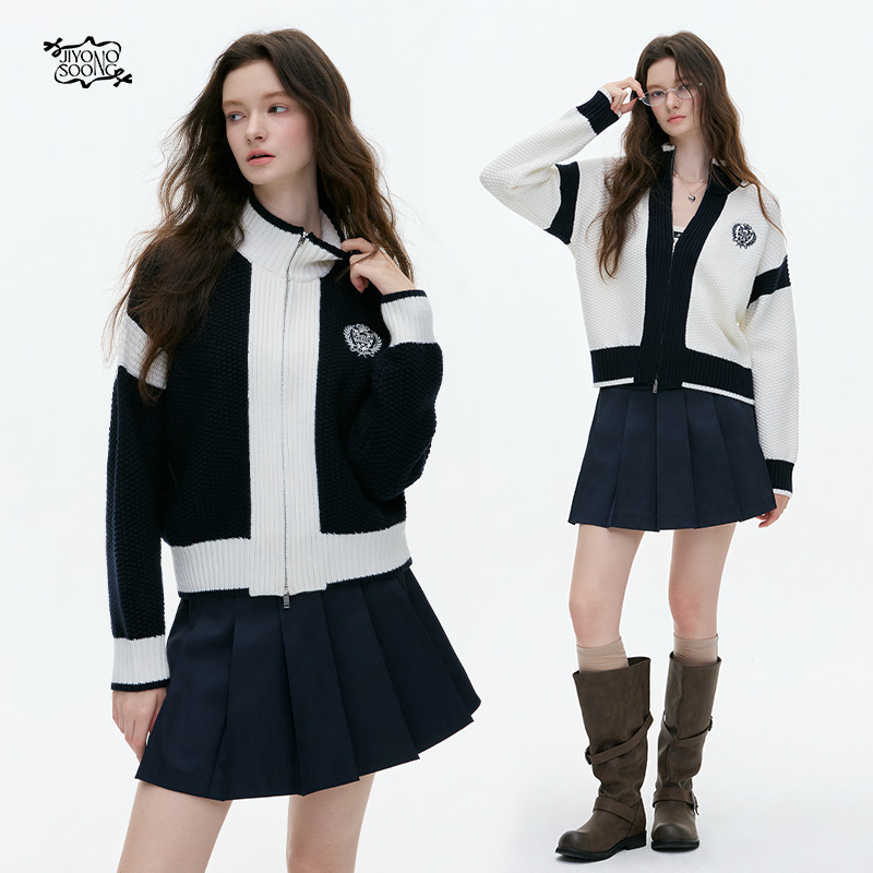 JIYOO SOONG | 慵懒学院风撞色立领刺绣羊毛棒球秋冬蓝白外套加厚