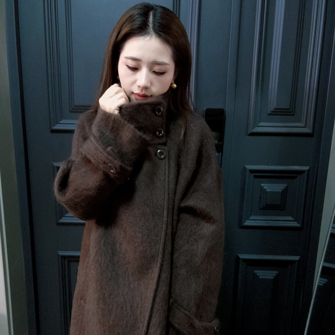 超绝设计师款超美咖色山羊绒拉绒高品质羊绒大衣