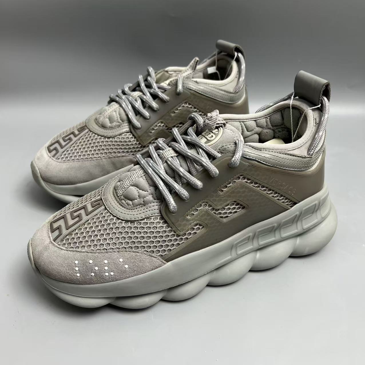 95新 VERSACE/范思哲 灰色麂皮拼接网面厚底老爹鞋39 jx575