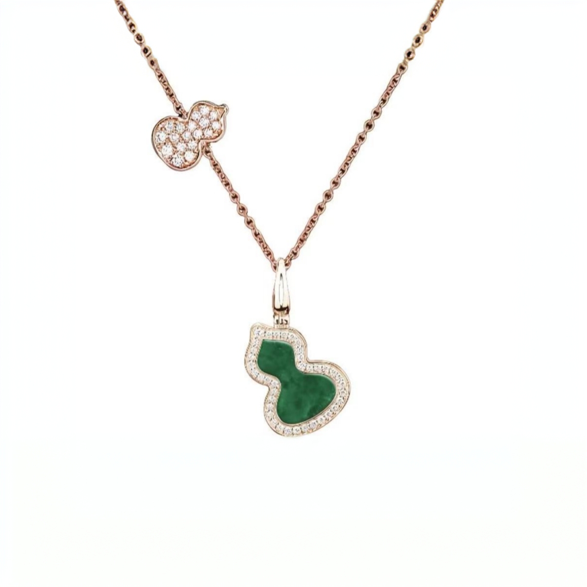 99新 Qeelin 麒麟 玫瑰金色 镶钻 绿葫芦项链 