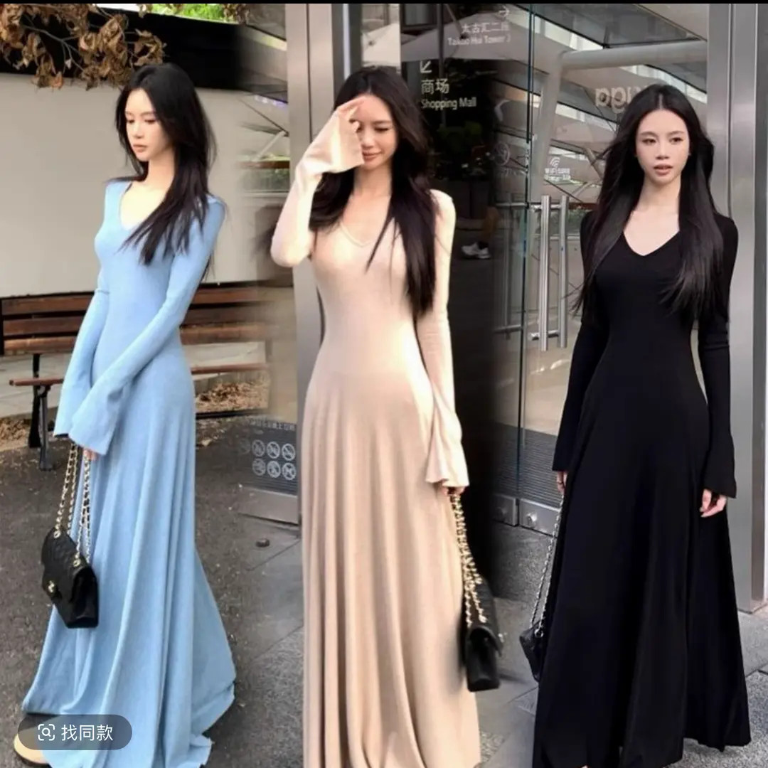 【裙长142CM】高个子气质V领内搭长袖连衣裙女秋冬显瘦打底大摆长裙