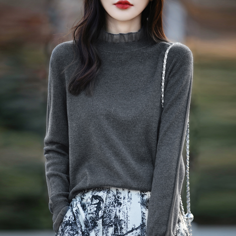 精纺羊毛蕾丝女士羊毛衫休闲百搭针织打底衫