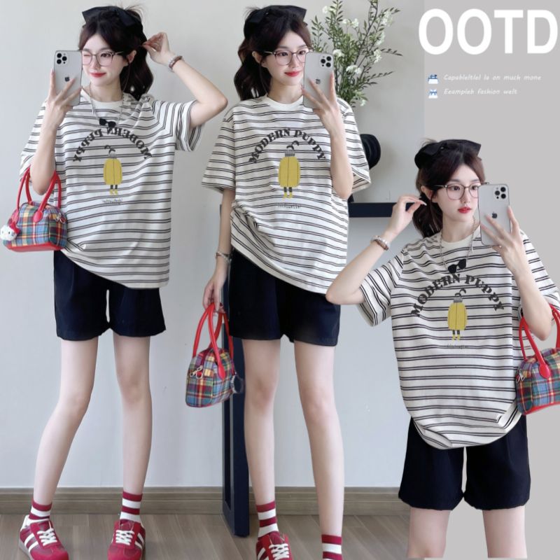 2025夏季新款孕妇装T恤大码条纹上衣＋托腹短裤两件套