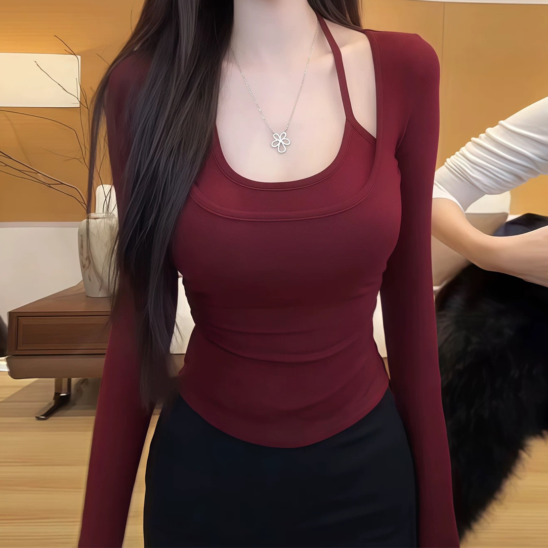 大码女装25102美式辣妹风假两件长袖性感新款气质修身显瘦内搭