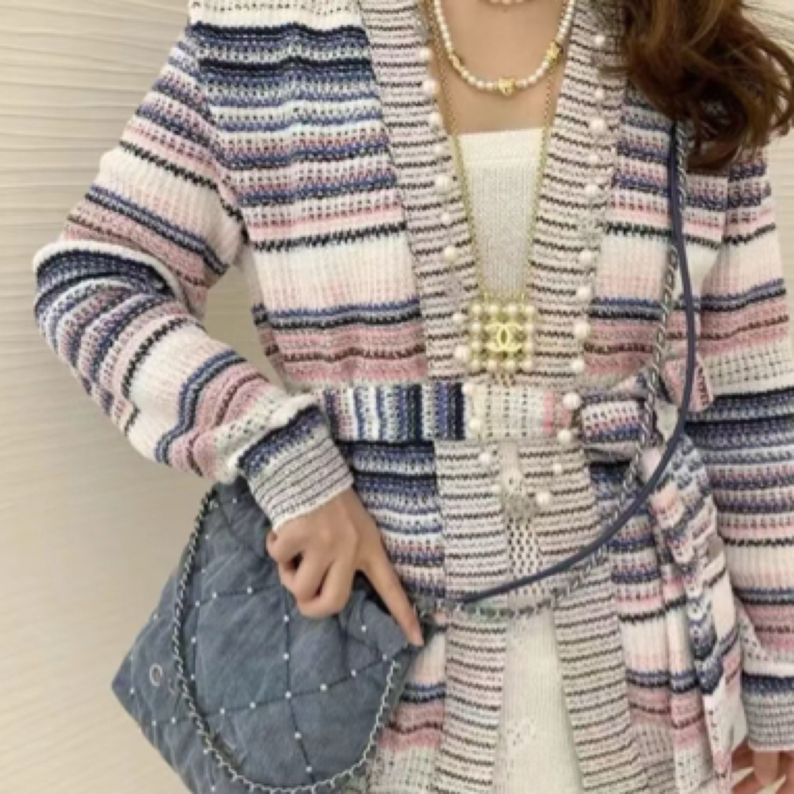 未使用 Chanel/香奈儿 24S条纹V领系腰带开衫外套/34码/35618