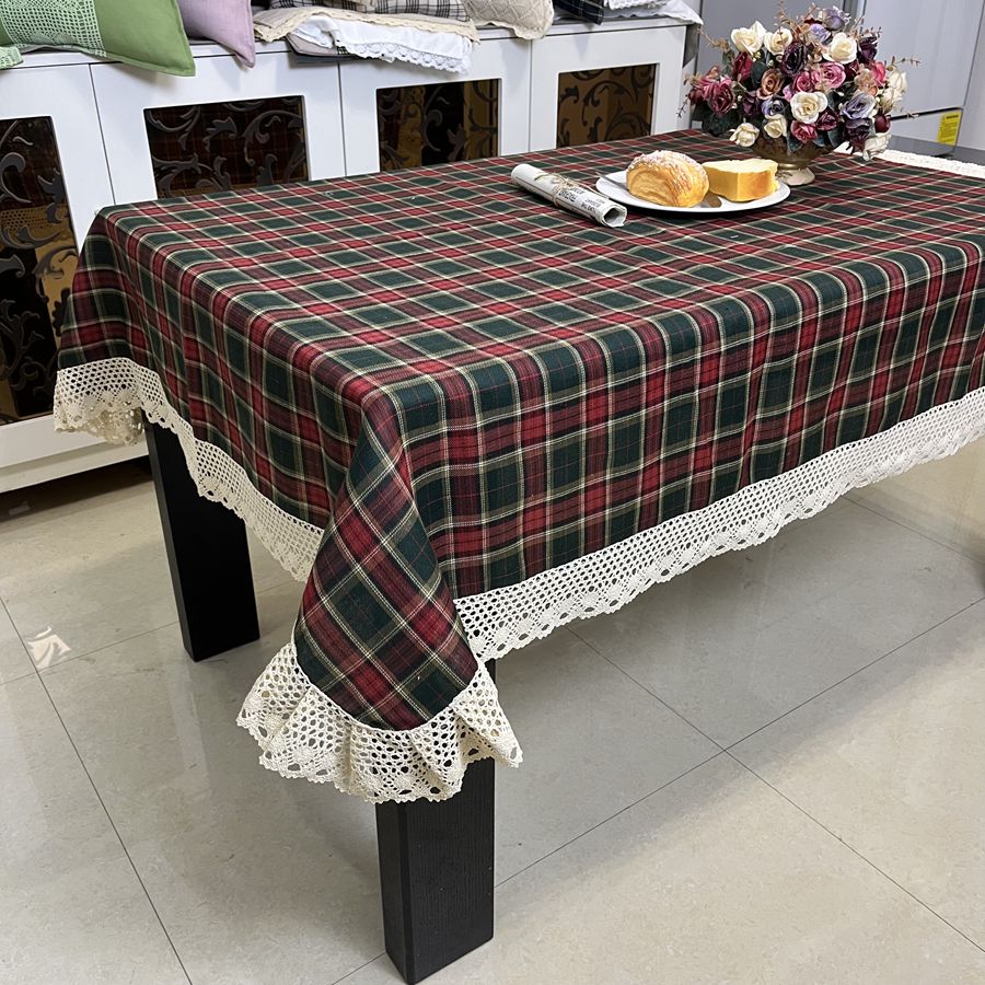 复古格子桌布蕾丝花边长方形餐桌茶几阳台装饰台布