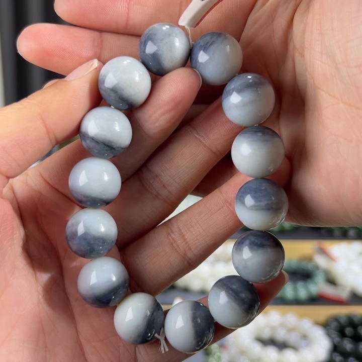 和田玉手串未镶嵌新疆山料青花聚宝盆卡16圆珠