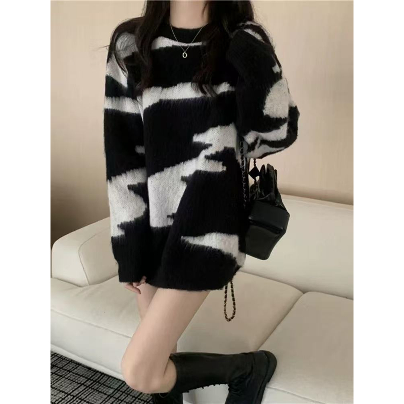 1068 152慵懒风韩版宽松百搭毛衣秋冬款圆领针织衫外穿长袖上衣