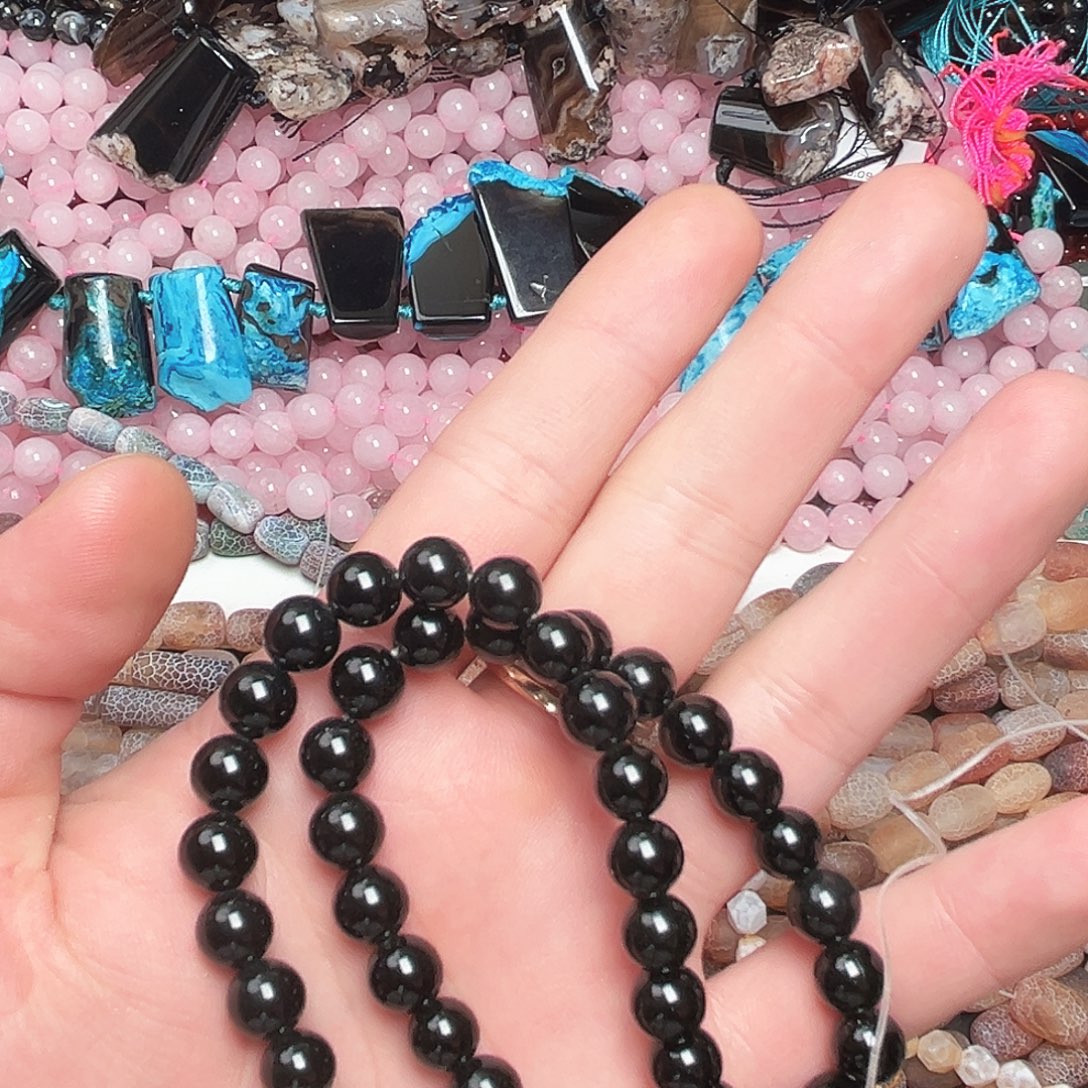 玛瑙/玉髓未镶嵌珠宝半成品C181，黑玛瑙圆珠一条8mm