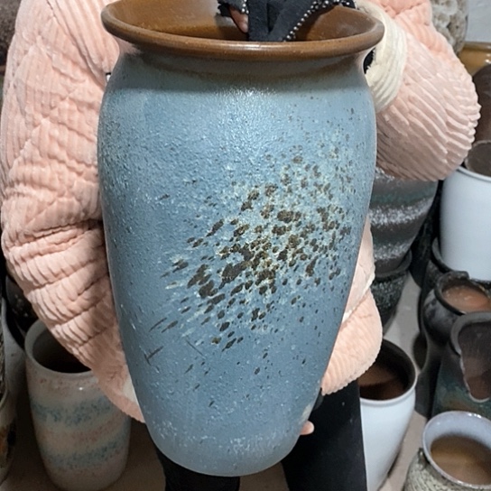 紫砂花盆口22高41，蓝泼墨，