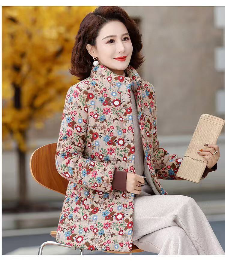 常规碎花厚款翻领短裤中老年女装妈妈装小棉袄棉衣
