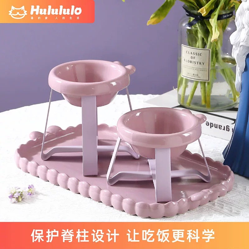 Hulululo陶瓷蝴蝶仙女碗猫碗狗碗架保护颈椎防打翻幼猫猫粮水碗