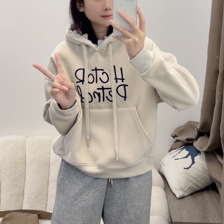 2025早春休闲拼蕾丝花边印花连帽宽松时尚百搭卫衣女 DYY2550