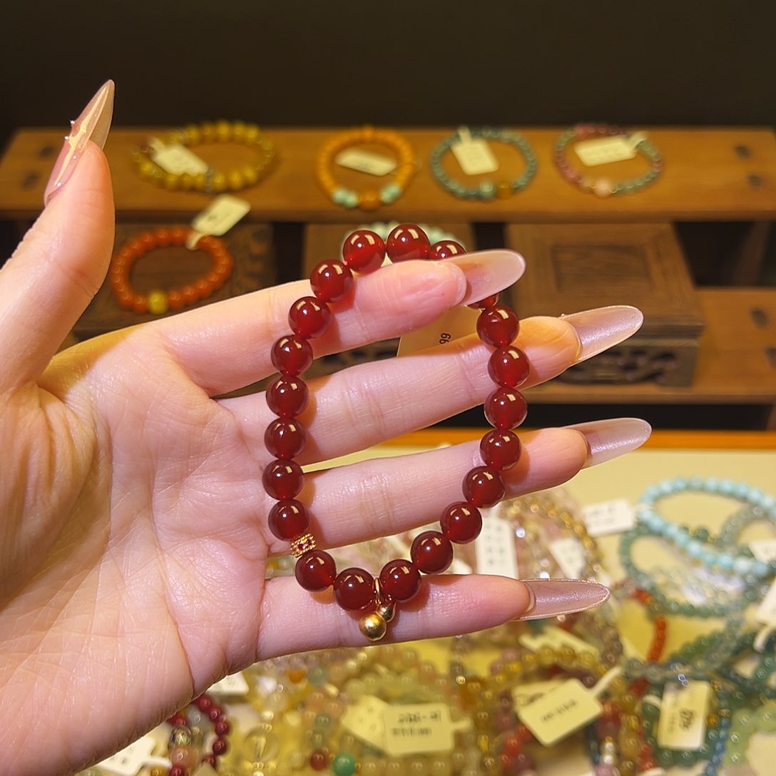 水晶手链银S925镶嵌红玛瑙8咪