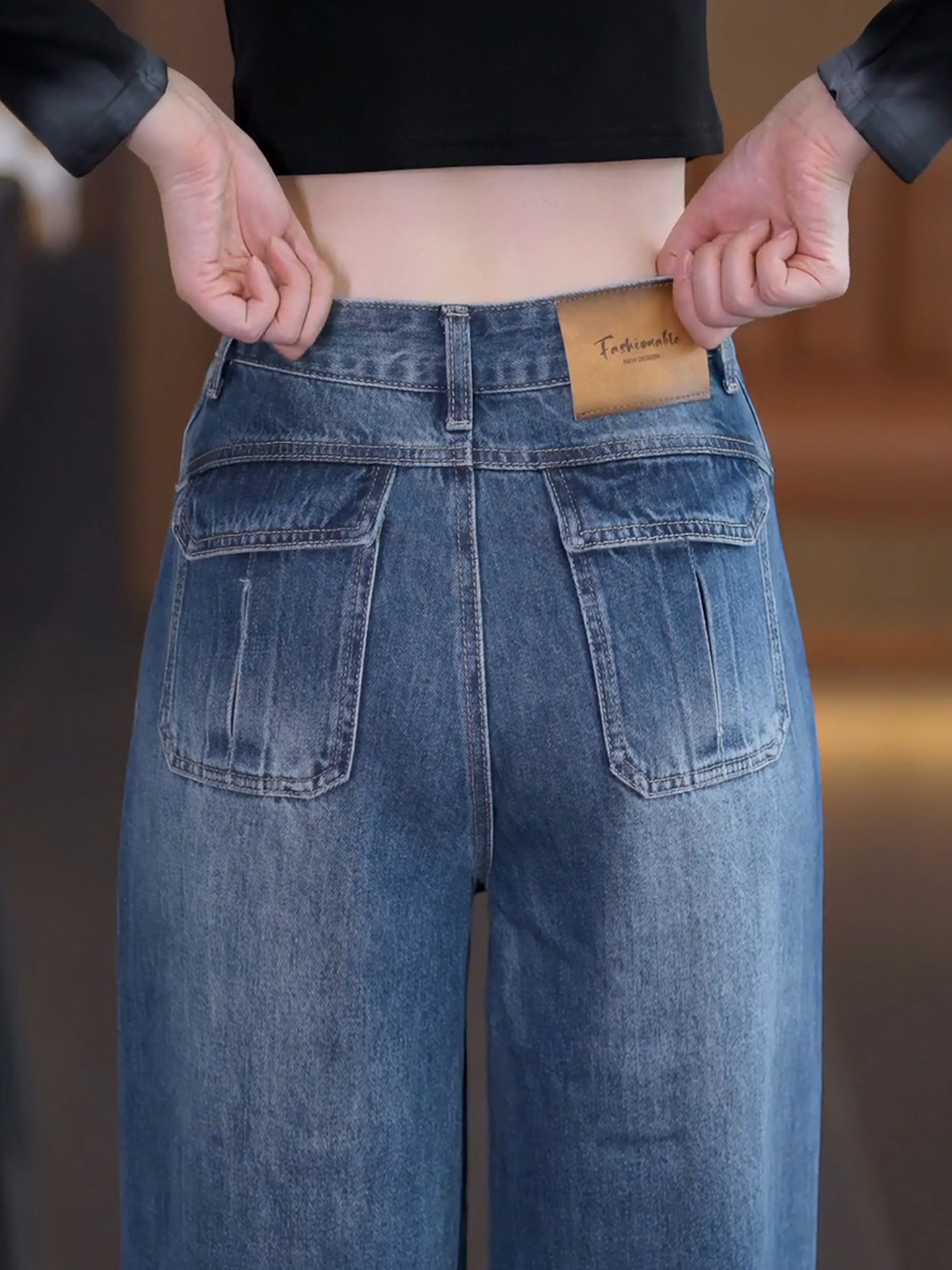 爆款蓝色弯刀牛仔裤女2025春秋季新款时尚香蕉裤高腰直筒阔腿裤子