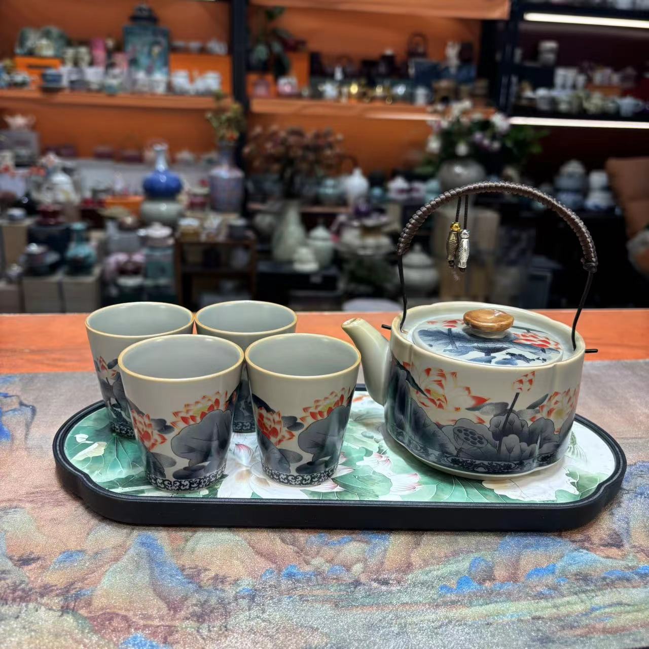 友名 米黄汝窑清雅荷韵提梁壶一壶四杯小套装家用功夫茶具2781