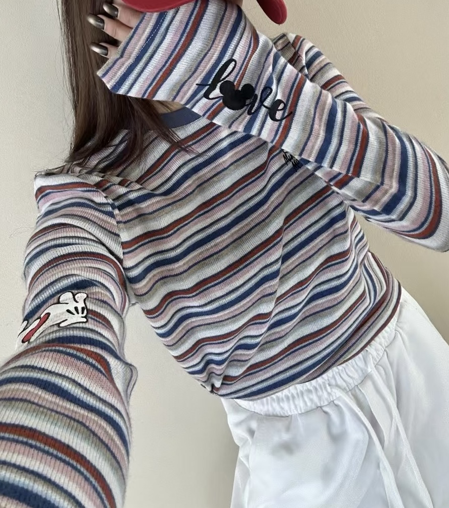 【SSOUHAN】春日私语 刺绣米奇条纹 圆领ins长袖百搭T恤