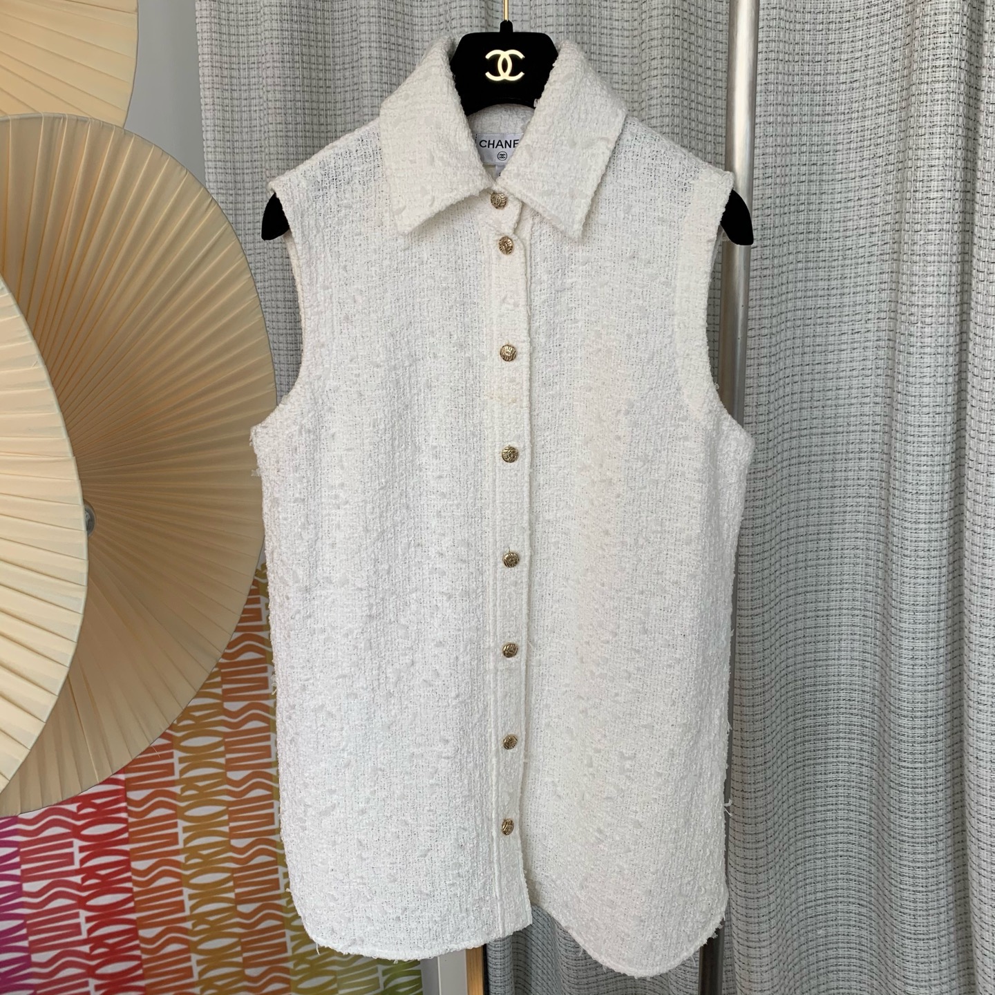 99新 Chanel/香奈儿 Chanel 21P白色粗呢镂空马甲上衣 尺码34 