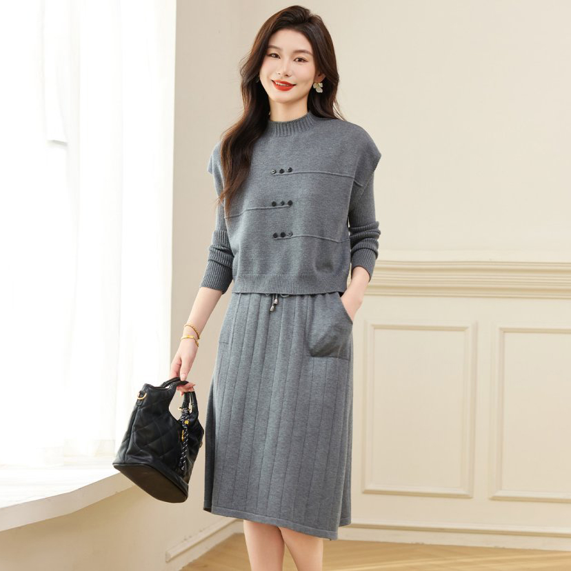 10.17早预告款秋冬新款针织连衣裙马甲洋气百搭两件套装 WWW3695