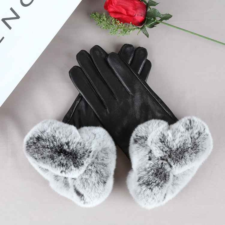 羊皮手套女冬季加绒保暖触屏开车骑车防寒真皮獭兔毛时尚修手显瘦