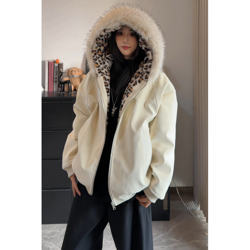 JVR/杰威瑞美式cleanfit座山雕棉服男pu皮豹纹大毛领情侣派克服